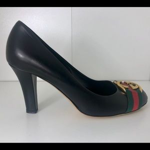 Black Leather Gucci Logo 3.5in 85mm Pump Sz 39.5